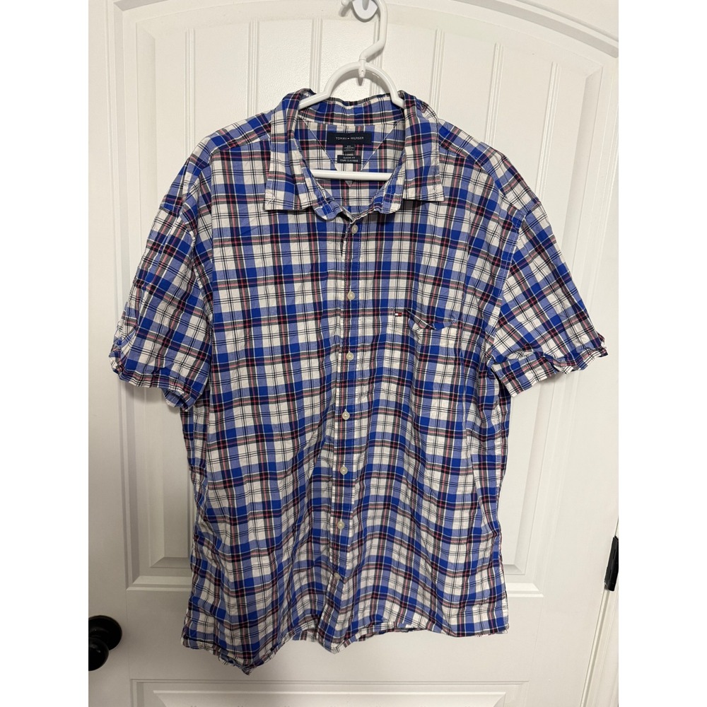Tommy Hilfiger Button Down Mens XXL Blue Plaid Classic Fit Short Sleeve Shirt